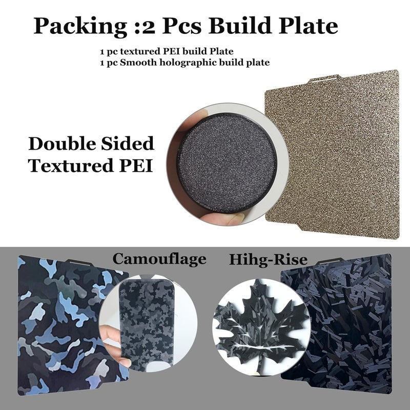 Wefuit 2pcs with 3 Patterns Smooth Camouflage+High Rise Build Plate and Textured PEI Sheet 257x257mm, Double Sided Flexible 3D Printer Platform for Bambu Lab A1/X1/X1C/X1E/P1P/P1S 3D Printers - Image 2